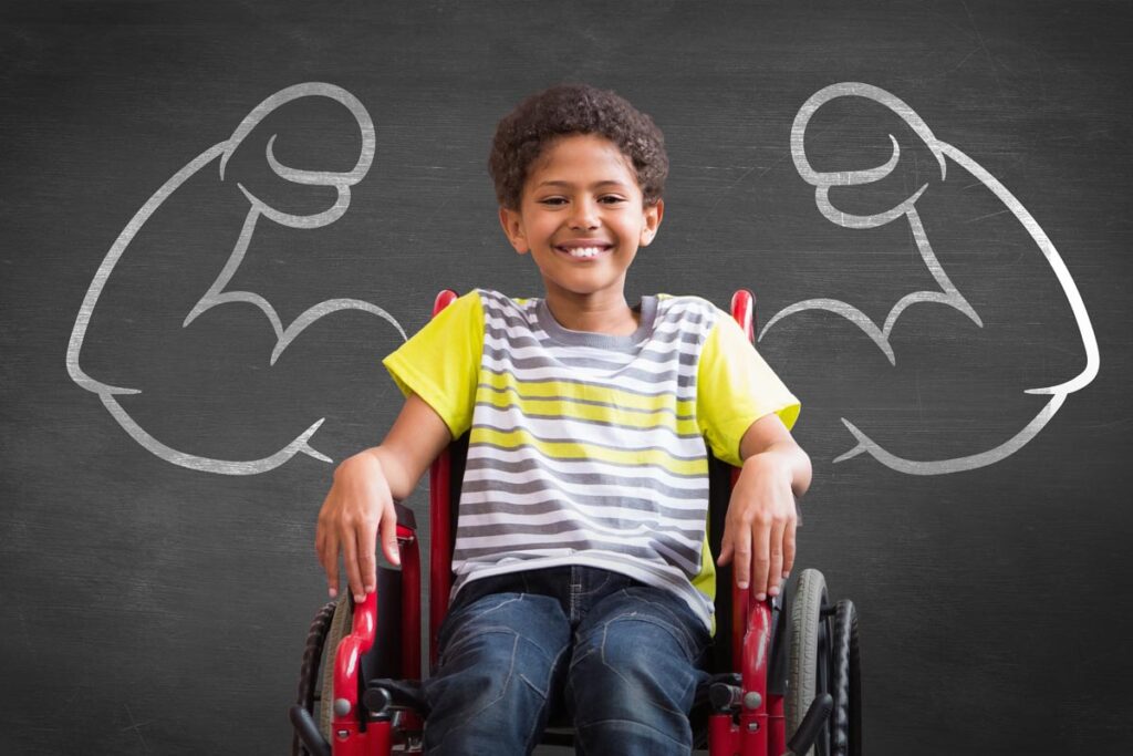 Composite image of cute disabled pupil smiling at camera in hall