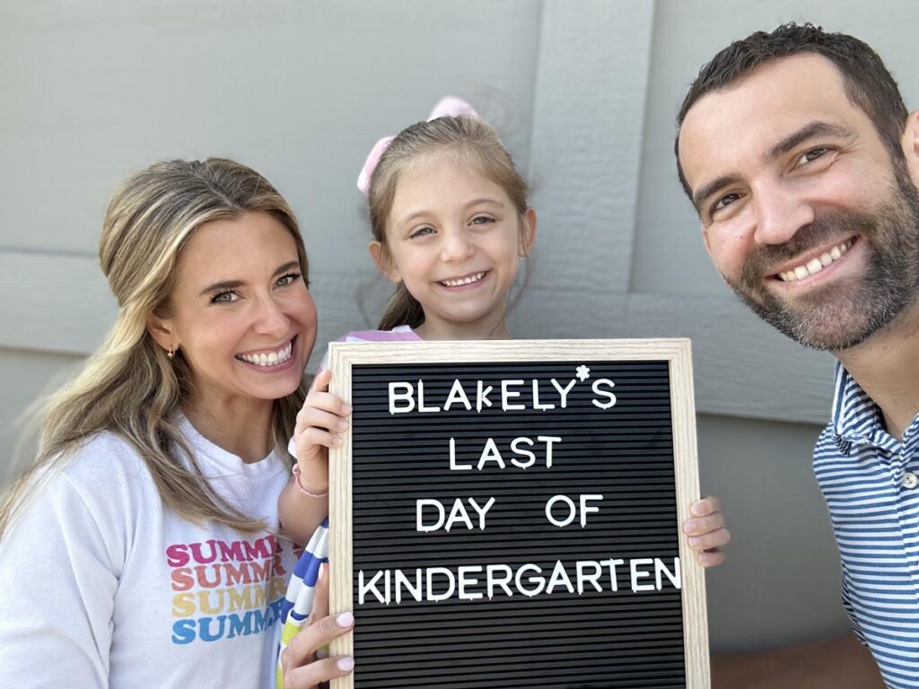 Ali, Jordan, and Blakey posing for Blakeys last day of kindergarten